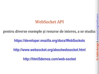 Dr.SabinBuragawww.purl.org/net/busaco
WebSocket API
pentru diverse exemple și resurse de interes, a se studia:
https://developer.mozilla.org/docs/WebSockets
http://www.websocket.org/aboutwebsocket.html
http://html5demos.com/web-socket
 