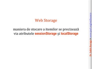 Dr.SabinBuragawww.purl.org/net/busaco
Web Storage
maniera de stocare a itemilor se precizează
via atributele sessionStorage și localStorage
 