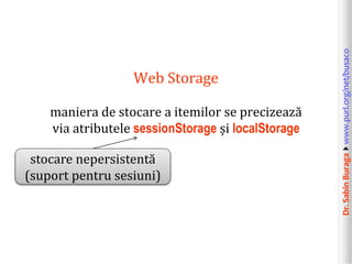 Dr.SabinBuragawww.purl.org/net/busaco
Web Storage
maniera de stocare a itemilor se precizează
via atributele sessionStorage și localStorage
stocare nepersistentă
(suport pentru sesiuni)
 