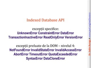 Dr.SabinBuragawww.purl.org/net/busaco
Indexed Database API
excepții specifice:
UnknownError ConstraintError DataError
TransactionInactiveError ReadOnlyError VersionError
excepții preluate de la DOM – nivelul 4:
NotFoundError InvalidStateError InvalidAccessError
AbortError TimeoutError QuotaExceededError
SyntaxError DataCloneError
 