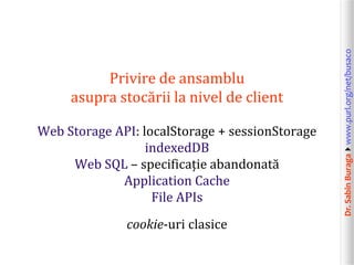 Dr.SabinBuragawww.purl.org/net/busaco
Privire de ansamblu
asupra stocării la nivel de client
Web Storage API: localStorage + sessionStorage
indexedDB
Web SQL – specificație abandonată
Application Cache
File APIs
cookie-uri clasice
 