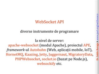 diverse instrumente de programare
la nivel de server:
apache-websocket (modul Apache), proiectul APE,
framework-ul Autobahn (Web, aplicații mobile, IoT),
HornetMQ, Kaazing, Jetty, Juggernaut, MigratoryData,
PHPWebsocket, socket.io (bazat pe Node.js),
websockify etc.

Dr. Sabin Buragawww.purl.org/net/busaco

WebSocket API

 