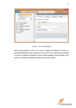 17
Figure 8. The created database
Before getting started, we need to be sure to configure the database connection in
app/config/database.php file by editing the lines of PHP code containing the credentials
to match our database’s credentials. Laravel’s default database, which is MySQL will be
kept as our database management system for our current project.
 