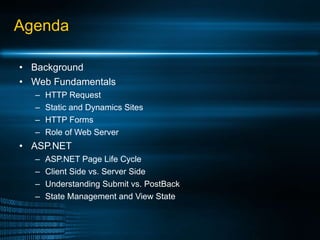 Agenda Background Web Fundamentals HTTP Request  Static and Dynamics Sites HTTP Forms Role of Web Server ASP.NET ASP.NET Page Life Cycle Client Side vs. Server Side Understanding Submit vs. PostBack  State Management and View State 