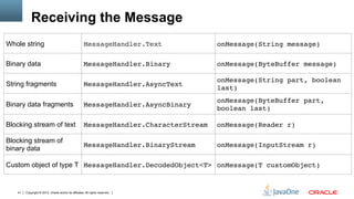 Receiving the Message
Whole string                                          MessageHandler.Text"            onMessage(String message)"

Binary data                                           MessageHandler.Binary"          onMessage(ByteBuffer message)"

                                                                                      onMessage(String part, boolean
String fragments                                      MessageHandler.AsyncText"
                                                                                      last)"
                                                                                      onMessage(ByteBuffer part,
Binary data fragments                                 MessageHandler.AsyncBinary"
                                                                                      boolean last)"

Blocking stream of text                               MessageHandler.CharacterStream" onMessage(Reader r)"

Blocking stream of
                                                      MessageHandler.BinaryStream"    onMessage(InputStream r)"
binary data

Custom object of type T MessageHandler.DecodedObject<T>" onMessage(T customObject)"


   41   Copyright © 2012, Oracle and/or its affiliates. All rights reserved.
 