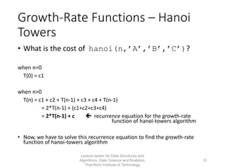 31
Growth-Rate Functions – Hanoi
Towers
• What is the cost of hanoi(n,’A’,’B’,’C’)?
when n=0
T(0) = c1
when n>0
T(n) = c1 + c2 + T(n-1) + c3 + c4 + T(n-1)
= 2*T(n-1) + (c1+c2+c3+c4)
= 2*T(n-1) + c  recurrence equation for the growth-rate
function of hanoi-towers algorithm
• Now, we have to solve this recurrence equation to find the growth-rate
function of hanoi-towers algorithm
Lecture series for Data Structures and
Algorithms, Data Science and Analytics,
Thai-Nichi Institute of Technology
 
