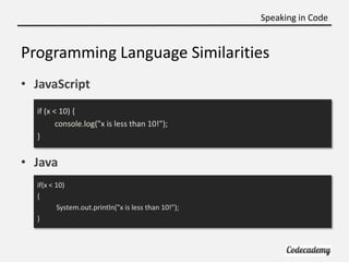 Speaking in Code


Programming Language Similarities
• JavaScript
  if (x < 10) {
         console.log("x is less than 10!");
  }


• Java
  if(x < 10)
  {
          System.out.println("x is less than 10!");
  }
 