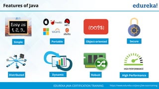 `
https://www.edureka.co/java-j2ee-soa-trainingEDUREKA JAVA CERTIFICATION TRAINING
Features of Java
Distributed RobustDynamic High Performance
Simple Object-oriented
{OOPS}
Portable Secure
 