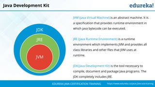 `
https://www.edureka.co/java-j2ee-soa-trainingEDUREKA JAVA CERTIFICATION TRAINING
Java Development Kit
JDK
JRE
JVM
JVM (Java Virtual Machine) is an abstract machine. It is
a specification that provides runtime environment in
which java bytecode can be executed.
JRE (Java Runtime Environment) is a runtime
environment which implements JVM and provides all
class libraries and other files that JVM uses at
runtime.
JDK(Java Development Kit) is the tool necessary to
compile, document and package Java programs. The
JDK completely includes JRE.
 