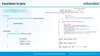 `
https://www.edureka.co/java-j2ee-soa-trainingEDUREKA JAVA CERTIFICATION TRAINING
Syntax:
modifier returnType methodName(parameters)
{
Statements…
}
Example:
public static int add(int a, int b)
{
int result;
result = a + b;
return result;
}
Functions in Java
User Defined Function
defining function
function parameters
function return value
function call
output
 