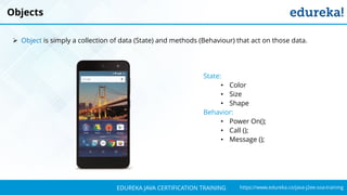 `
https://www.edureka.co/java-j2ee-soa-trainingEDUREKA JAVA CERTIFICATION TRAINING
Objects
➢ Object is simply a collection of data (State) and methods (Behaviour) that act on those data.
State:
• Color
• Size
• Shape
Behavior:
• Power On();
• Call ();
• Message ();
 