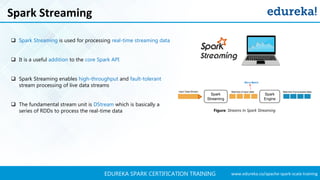 www.edureka.co/apache-spark-scala-trainingEDUREKA SPARK CERTIFICATION TRAINING
Spark Streaming
 Spark Streaming is used for processing real-time streaming data
 It is a useful addition to the core Spark API
 Spark Streaming enables high-throughput and fault-tolerant
stream processing of live data streams
 The fundamental stream unit is DStream which is basically a
series of RDDs to process the real-time data Figure: Streams In Spark Streaming
 