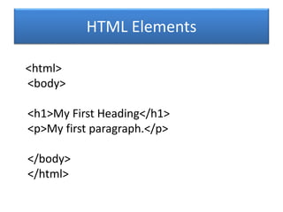 HTML Elements
<html>
<body>
<h1>My First Heading</h1>
<p>My first paragraph.</p>
</body>
</html>
 