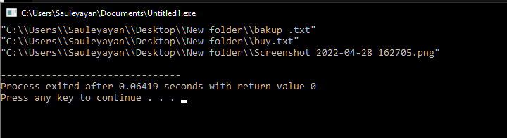 Output of Program showing directories