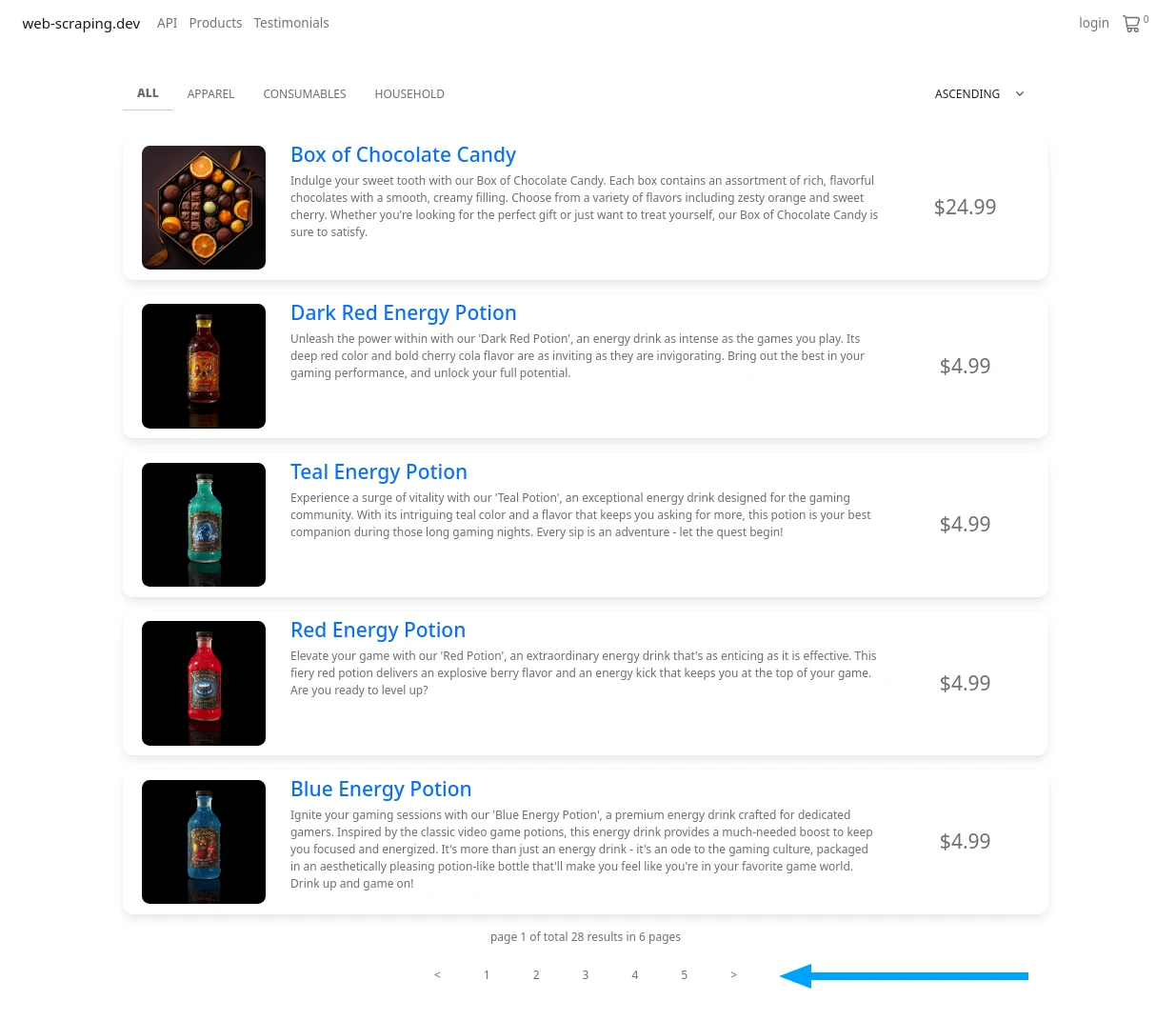 screengrab of web-craping.dev product paging