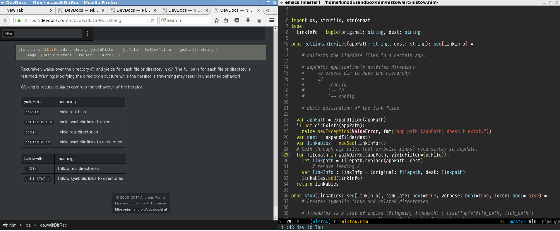Figure 1: Click the above image to see the devdocs.io access from Emacs in action (GIF)