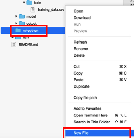 Figure 2.41 – Creating a new file inside the ml-python directory
