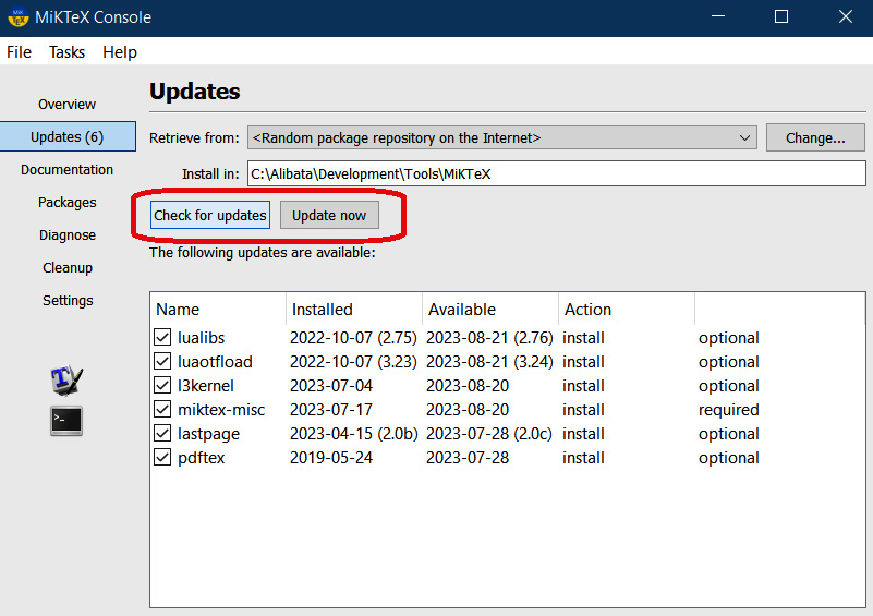 Figure 6.14 – Updating MikTeX using its console