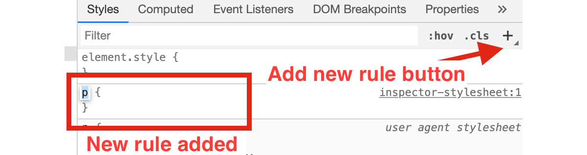 Figure 1.15: When you click to add a new rule, it will add a new rule based on the element selected – a paragraph, in this case