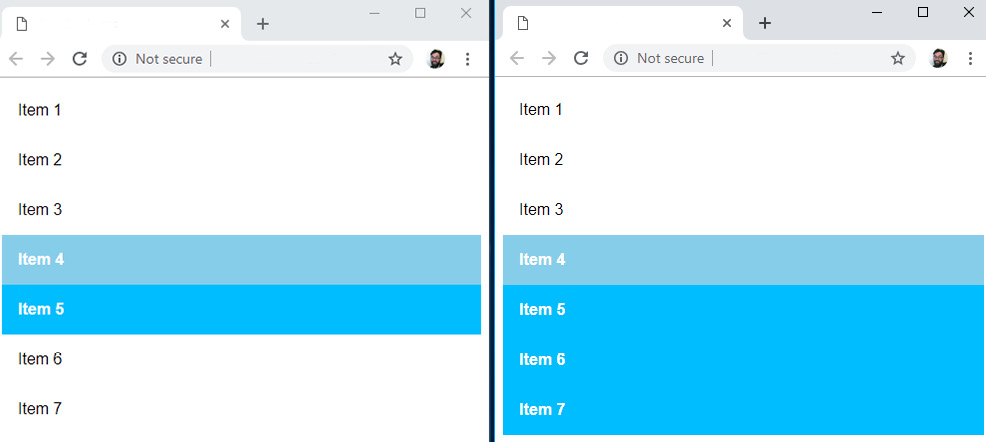 Figure 1.26: Selecting the next adjacent sibling compared to selecting all of the next siblings