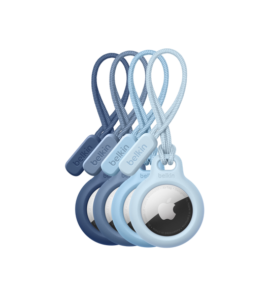 Belkin 保護套配備掛帶，適用於 AirTag (4 個裝)。這款保護套可妥善保護 AirTag，並輕鬆緊扣在各種隨身物品上。