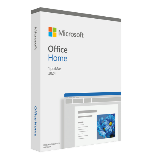 Forsiden af Microsoft Office Home-æsken med et dokument nederst til højre og Microsoft-logoet øverst