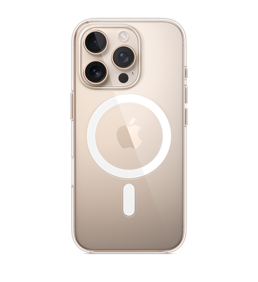 iPhone 16 Pro MagSafe 透明護殼，貼合在沙漠色鈦金屬外觀 iPhone 16 Pro。