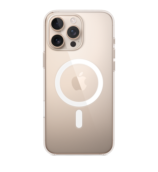 iPhone 16 Pro Max MagSafe 透明護殼，貼合在沙漠色鈦金屬外觀 iPhone 16 Pro Max。