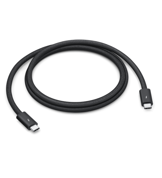 Thunderbolt 5 Pro 連接線 (1 米) 採用捲起時不易纏繞的黑色編織設計，支援快達每秒 40 gigabyte 的數據傳輸。