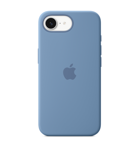 冬日藍色 iPhone 16e 矽膠護殼，內嵌的 Apple 標誌在中央；護殼貼合在白色 iPhone 16e，裝置外觀透過相機開口位顯露出來。