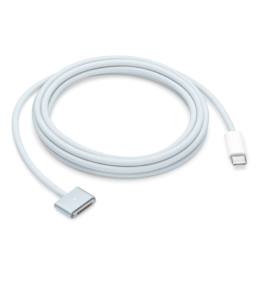 充電線，展示天藍色 MagSafe 接頭和織製連接線、白色 USB-C 接頭