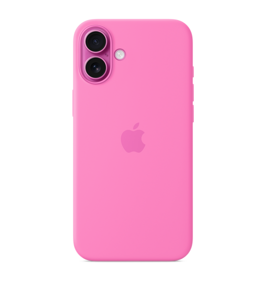 牡丹色 iPhone 16 Plus MagSafe 矽膠護殼，內嵌的 Apple 標誌在中央；護殼貼合在粉紅色 iPhone 16 Plus，裝置外觀透過相機開口位顯露出來。