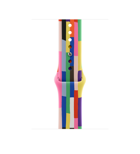 Pride Edition 運動錶帶，多個細長的實色長方形組成六道條紋，呈現不同彩虹色調和其他顏色，邊緣略不平整；採用順滑的 fluoroelastomer，配以收入式鈕扣