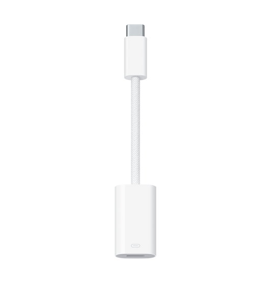 USB-C 至 Lightning 轉換器、USB-C 接頭、編織連接線、Lightning 連接埠。