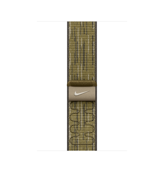 綠色配灰色運動手環錶帶採用織製尼龍，配有 Nike Swoosh 標誌及魔術貼扣。