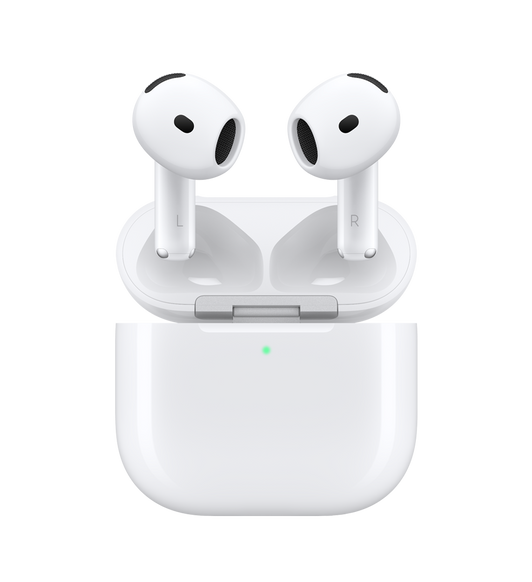 AirPods 4 主動消噪型號及無線充電盒。白色橢圓形耳筒，短耳筒柄。白色充電盒，展示圓角設計、充電盒外部的 LED 指示燈；盒蓋打開，以銀色鉸位連接