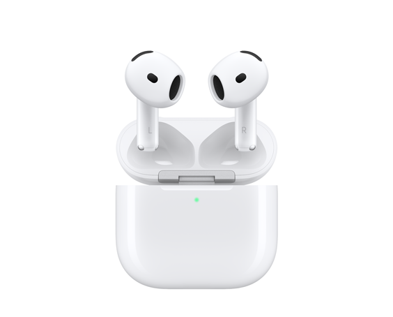 AirPods 4，展示白色充電盒、短耳筒柄、橢圓形設計、無縫結構與揚聲器開口、充電盒外部的 LED 指示燈