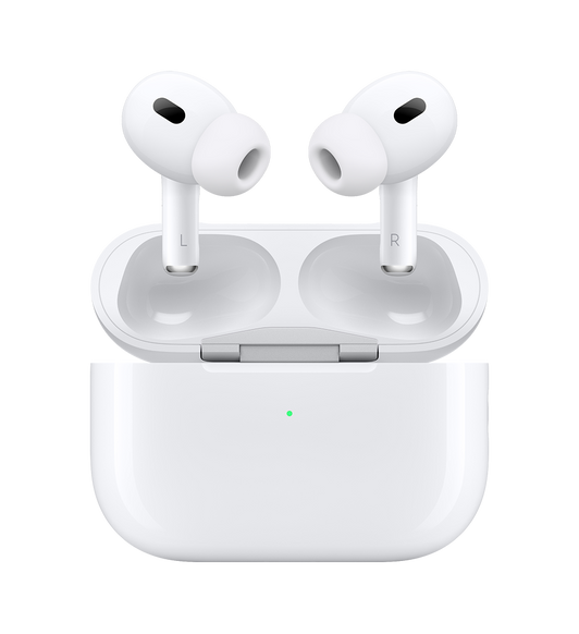 AirPods Pro 2 和 MagSafe 充電盒 (USB-C)，配備矽膠耳塞的耳筒，充電盒外部有 LED 電源指示燈