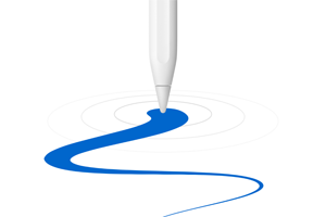 Apple Pencil 的筆尖，繪畫出由幼變粗的藍色線條