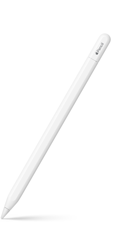 Apple Pencil (USB-C)，白色，尾端筆蓋上刻有 Apple Pencil 字樣，其中 Apple 一字以 Apple 標誌表示