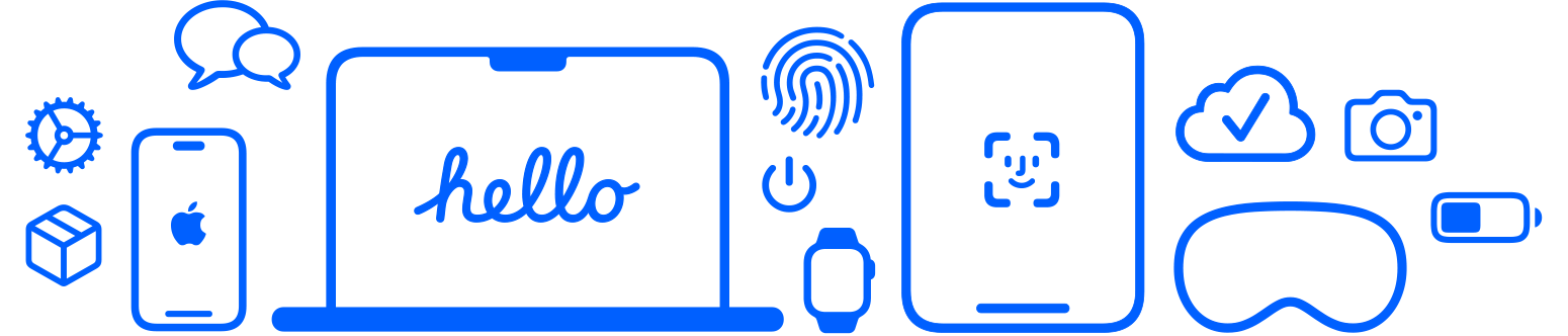 多款 Apple 裝置和多項功能特色，展示設定圖像、貨運包裝盒、訊息對話、iPhone、MacBook 設置、Touch ID、電源圖像、Apple Watch、具備 Face ID 的 iPad。