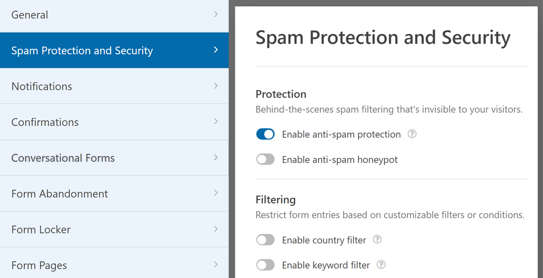 spam-protection-security-settings - WPForms Spam protection and Security settings