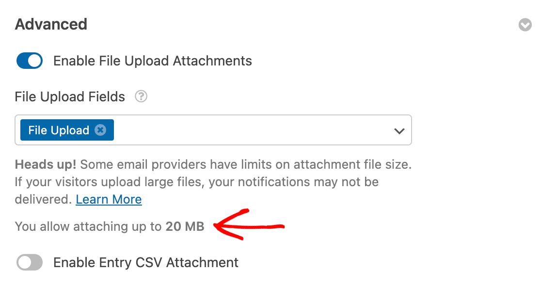 La dimensione massima del file per il caricamento di file allegati a una notifica e-mail di WPForms.
