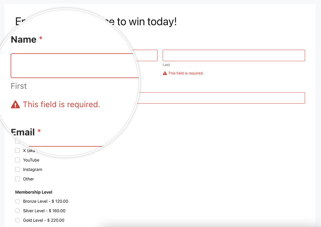 validation failures will display some text and icon under the field with the reason for why the validation failed