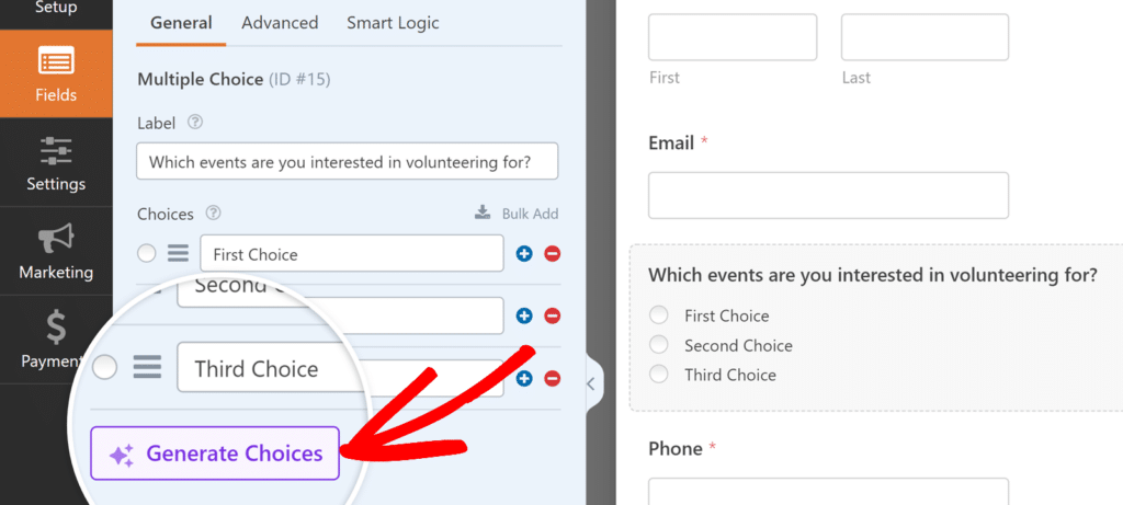 multiple-choice-ai-choices - WPForms Generate Choices button