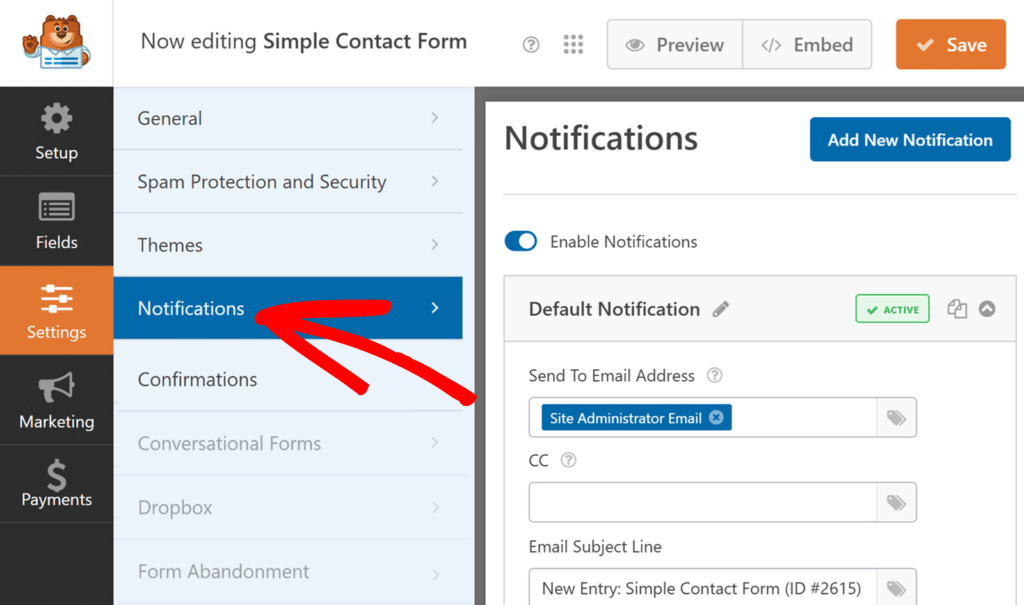 Access form notification settings Access form Notification settings