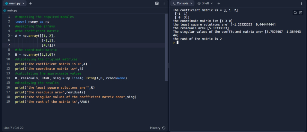 The code and the output for the first example.