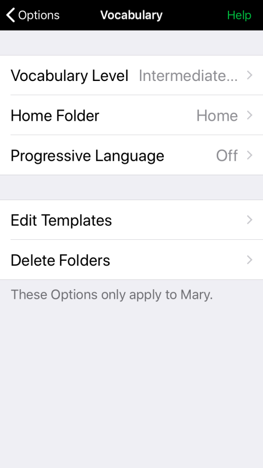 Vocabulary section of Options