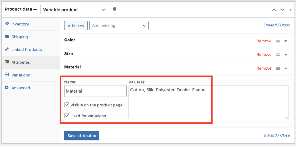 Adding the attribute name, values, and visibility details for a specific product attribute