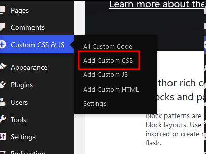 Accessing the custom CSS section in the Simple Custom CSS and JS plugin.